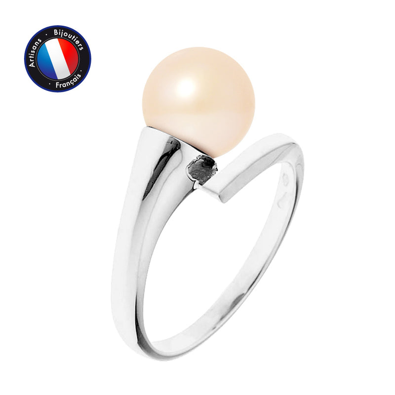 Bague- Perles de Culture d'Eau Douce- Ronde Diamètre 8-9 mm Rose- Taille 48 (EU)- Or Blanc
