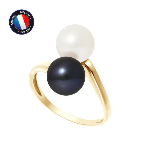 Bague- Perles de Culture d'Eau Douce- Ronde Diamètre 7-8 mm Blanc & Black Tahiti- Taille 48 (EU)- OrJaune