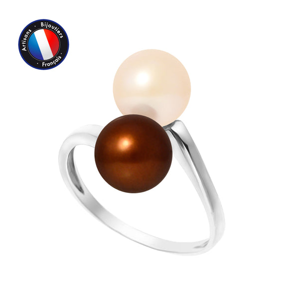 Bague- Perles de Culture d'Eau Douce- Ronde Diamètre 7-8 mm Rose & Chocolat- Taille 48 (EU)- Or Blanc