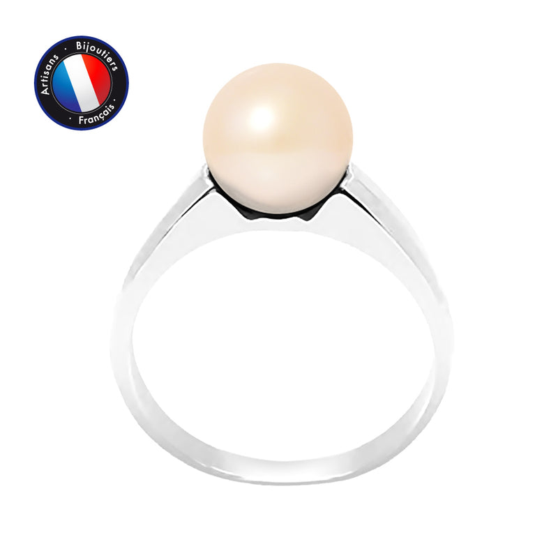 Bague Or Blanc Perles de Culture d'Eau Douce- Ronde Diamètre 8-9 mm Rose