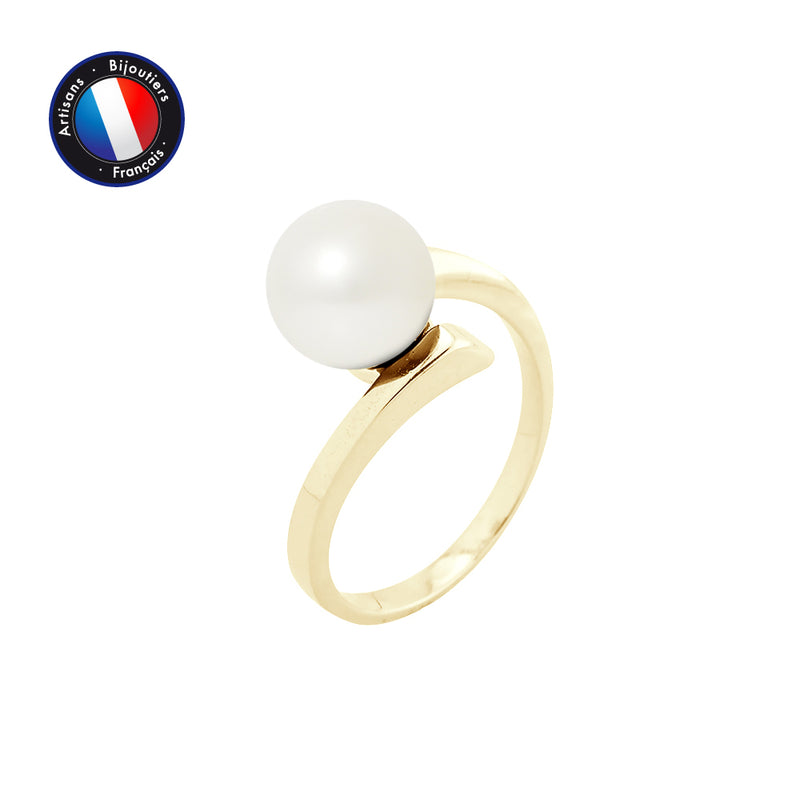 Bague- Perles de Culture- Ronde 8-9 mm Blanc- Or Jaune