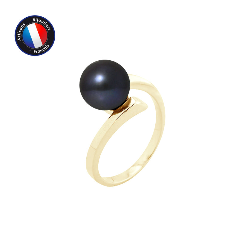 Bague- Perles de Culture- Ronde 8-9 mm Black Tahiti- Or Jaune