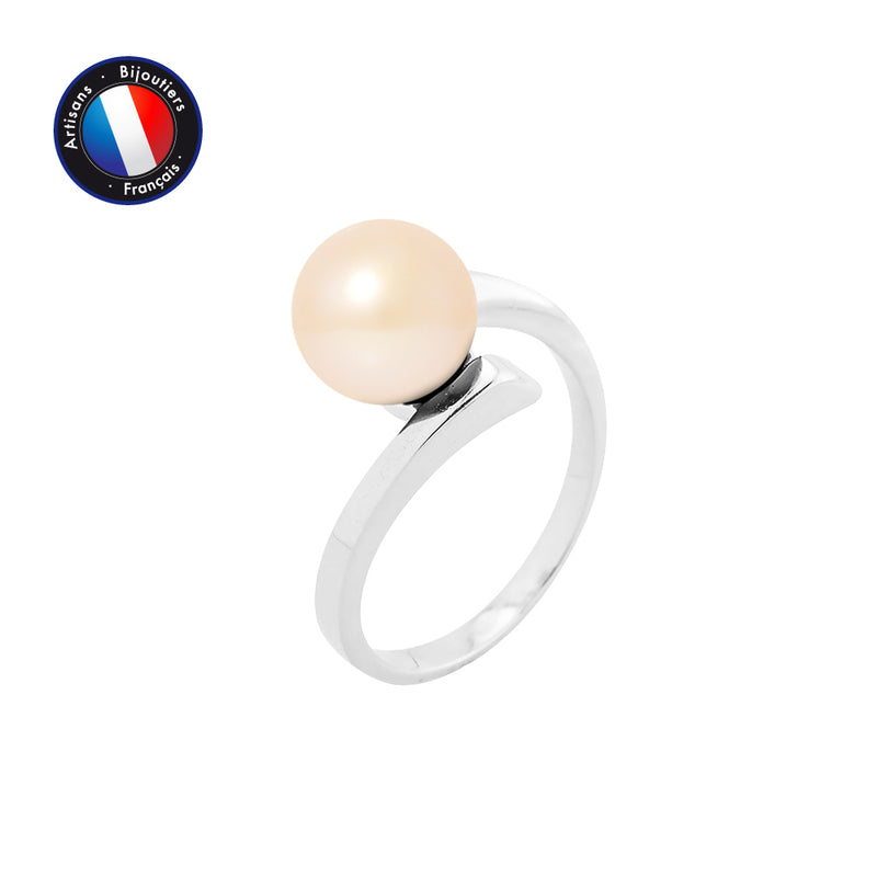 Bague Or Blanc Perles de Culture d'Eau Douce- Ronde Diamètre 8-9 mm Rose