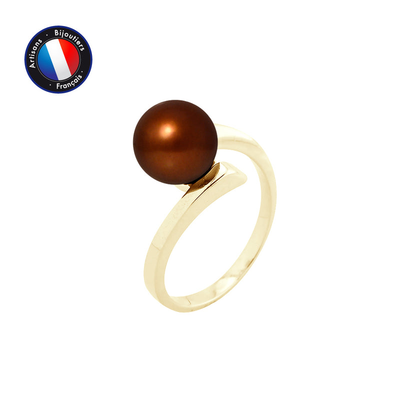 Bague- Perles de Culture d'Eau Douce- Ronde Diamètre 8-9 mm Chocolat- Taille 48 (EU)- OrJaune