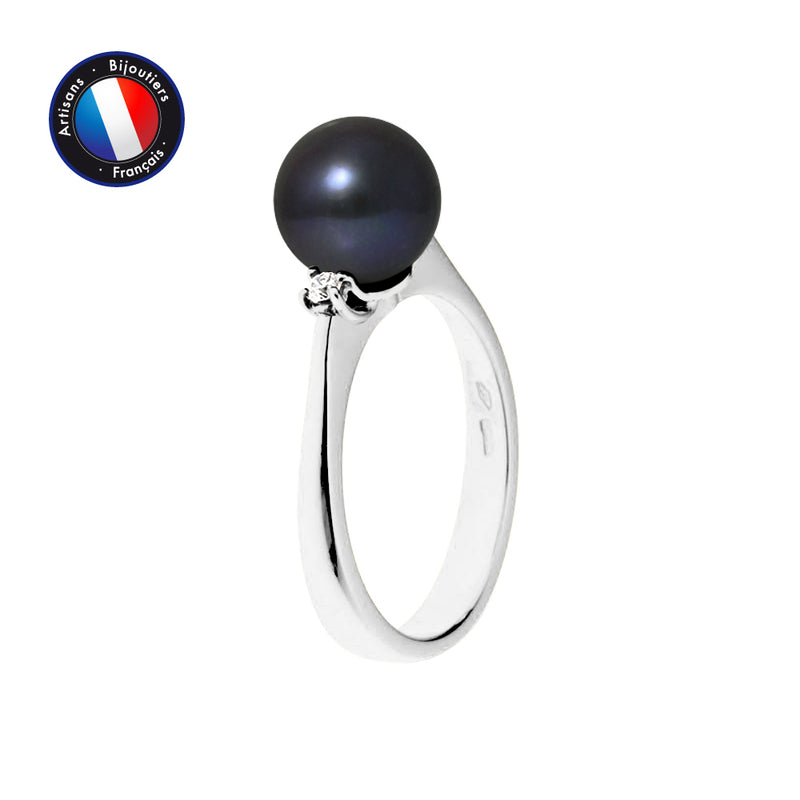 Bague- Perles de Culture- Ronde 8-9 mm Black Tahiti- Bijou Femme- Or Blanc- Diamants