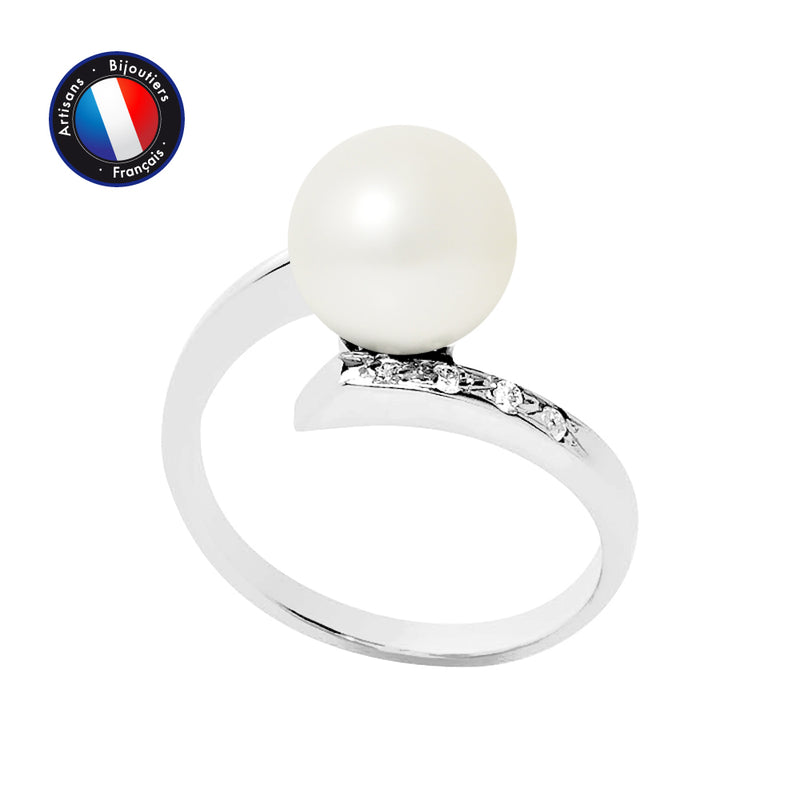 Bague- Perles de Culture - Ronde 8-9 mm Blanc-  Or Blanc- Diamants