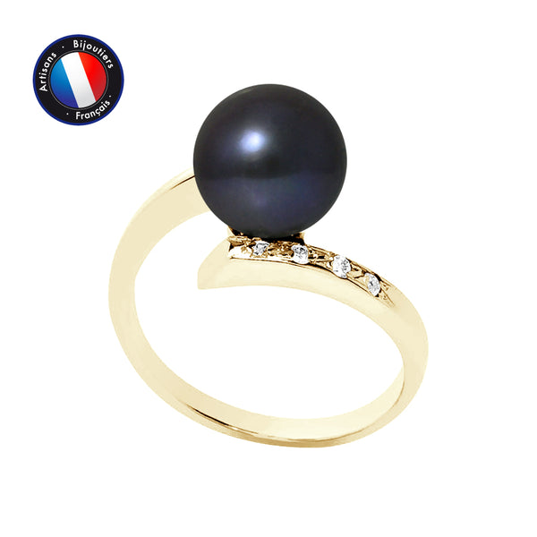 Bague- Perles de Culture d'Eau Douce- Ronde Diamètre 8-9 mm Black Tahiti- Or Jaune- Diamants