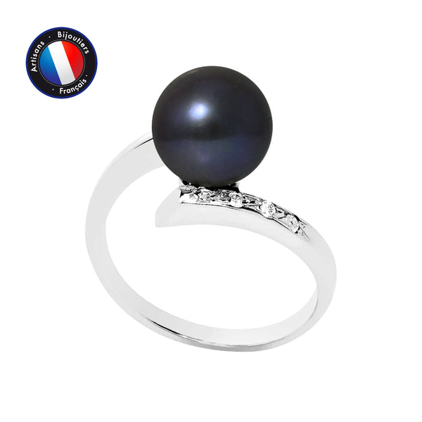 Bague- Perles de Culture Ronde 8-9 mm Black Tahiti- Or Blanc- Diamants