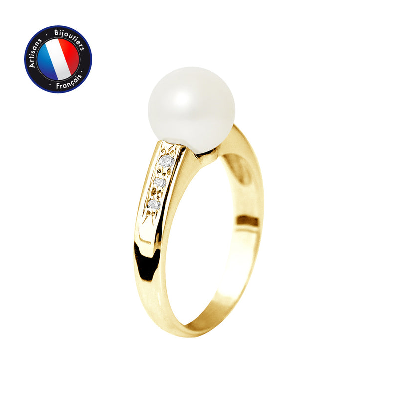 Bague- Perles de Culture -  Diamètre 8-9 mm Blanc- Or Jaune- Diamants