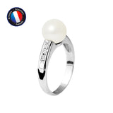 Bague- Perles de Culture d'Eau Douce- Ronde Diamètre 8-9 mm Blanc- Taille 48 (EU)- Bijou Femme- Or Blanc- Dimants