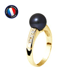 Bague- Perles de Culture d'Eau Douce- Ronde Diamètre 8-9 mm Black Tahiti- Taille 48 (EU)- Bijou Femme- OrJaune- Dimants