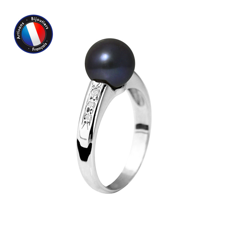 Bague- Perles de Culture d'Eau Douce- Ronde Diamètre 8-9 mm Black Tahiti- Taille 48 (EU)- Bijou Femme- Or Blanc- Dimants