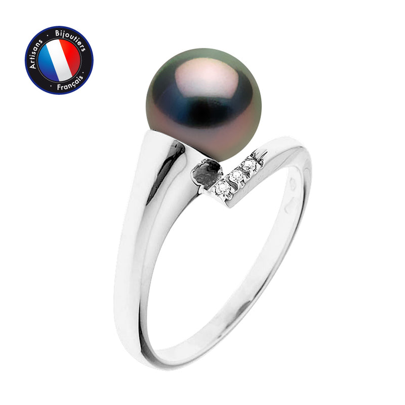 Bague- Perles de Culture de Tahiti- Ronde Diamètre 8-9 mm- Or Blanc- Diamants