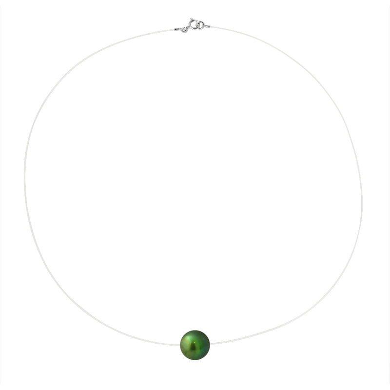Collier- Perle de Culture d'Eau Douce- Diamètre 9-10 mm Vert Intense-  Argent 925 Millièmes