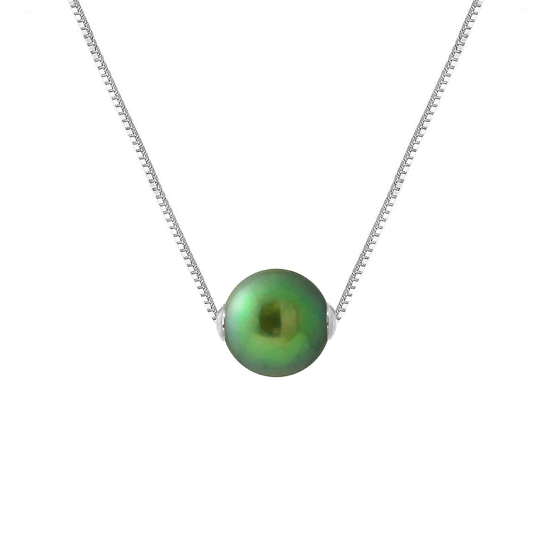 Collier- Perle de Culture d'Eau Douce- Diamètre 9-10 mm Vert Intense- Argent 925 Millièmes
