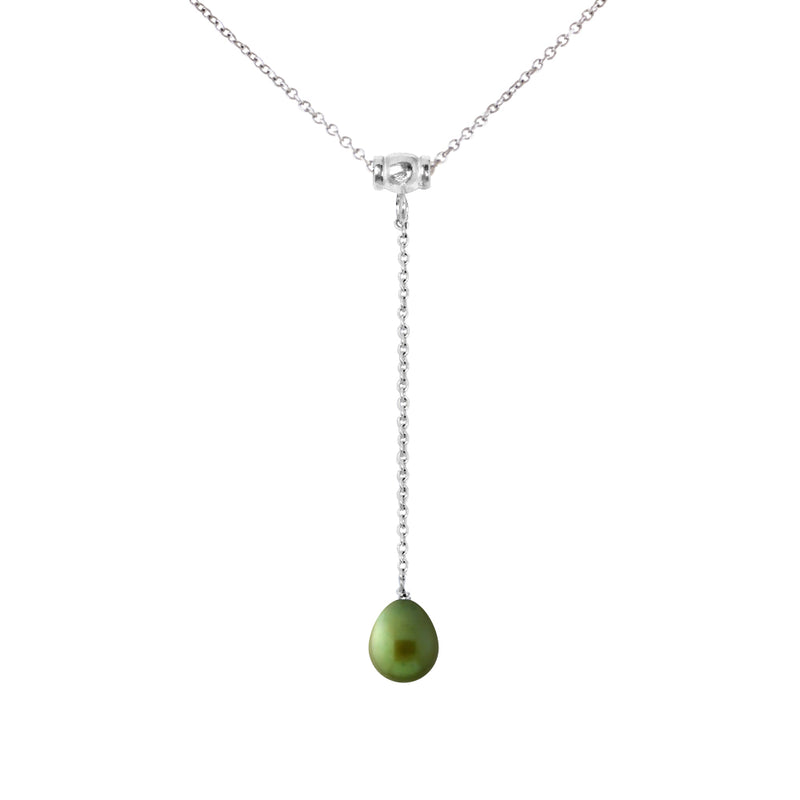 Collier Cravate- Perle de Culture d'Eau Douce- Diamètre 9-10 mm Vert Intens-Argent 925 Millièmes