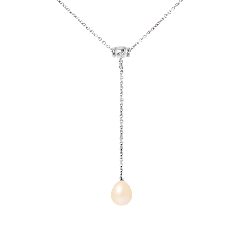 Collier Cravate- Perle de Culture d'Eau Douce- Diamètre 9-10 mm Rose-  Argent 925 Millièmes