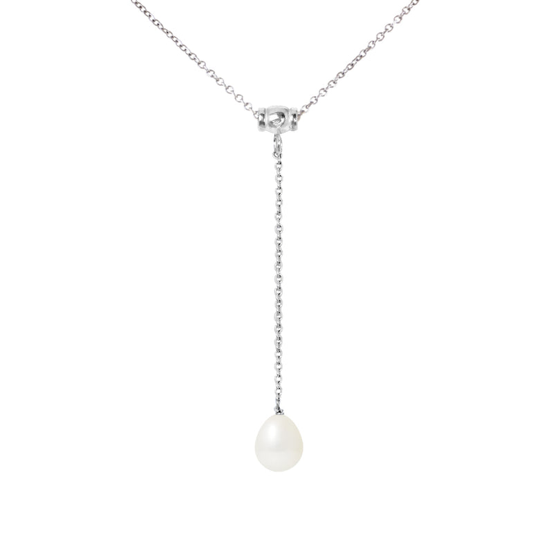 Collier Cravate- Perle de Culture d'Eau Douce- Diamètre 9-10 mm Blanc-Argent