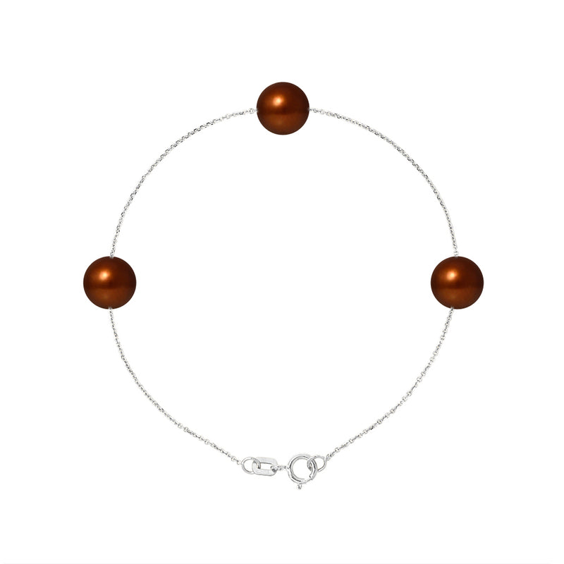 Bracelet 3 Perles de Culture d'Eau Douce- Diamètre 7-8 mm Chocolat-  Argent 925 Millièmes
