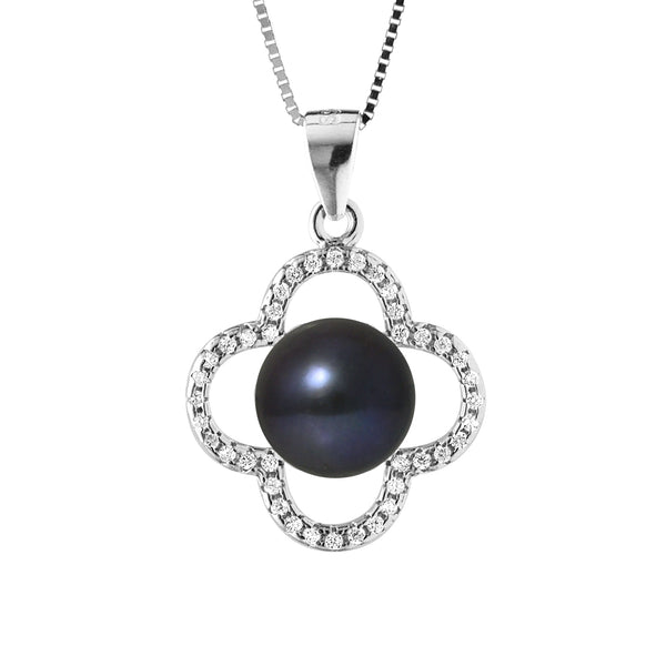 Collier Trêfle- Perle de Culture d'Eau Douce- Diamètre 9-10 mm Black Tahiti- Bijou Femme- Argent 925 Millièmes