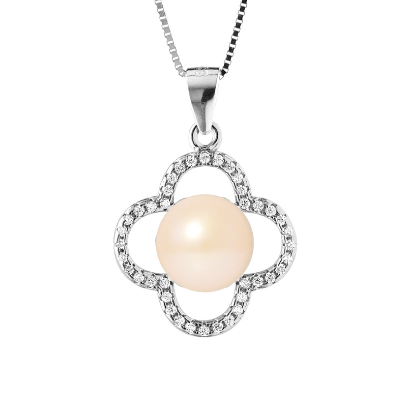 Collier TrŠfle- Perle de Culture d'Eau Douce- Diamètre 9-10 mm- Rose-  Argent 925 Millièmes