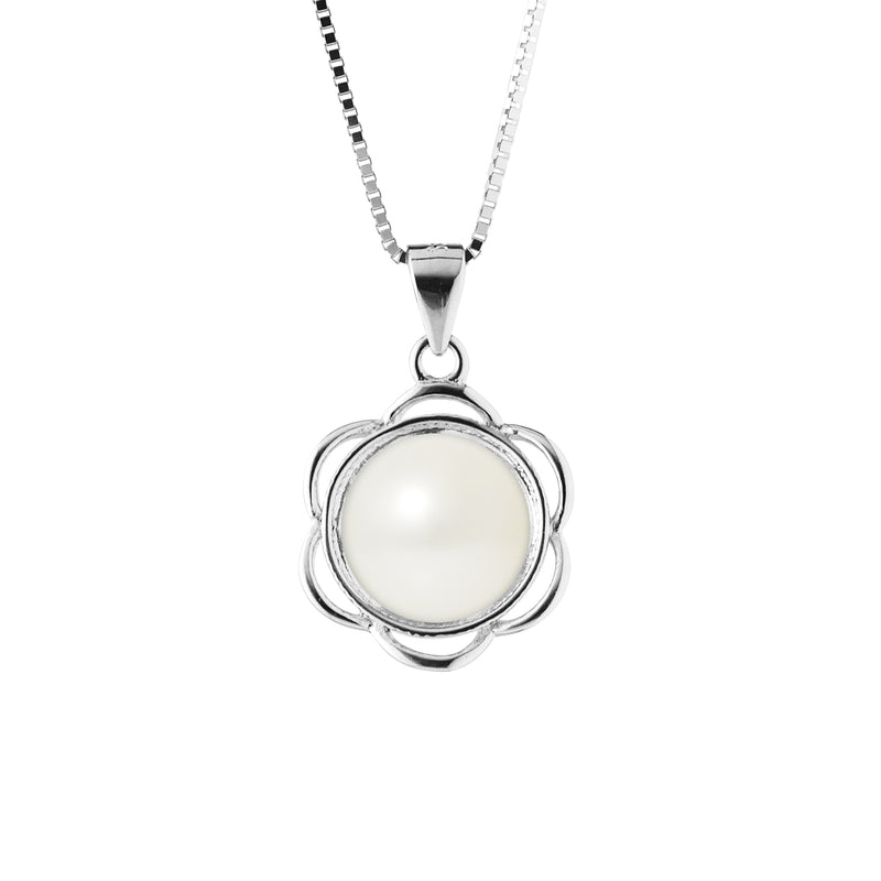 Collier Fleur- Perle de Culture d'Eau Douce  Bouton 8-9 mm Blanc-  Argent 925 Millièmes