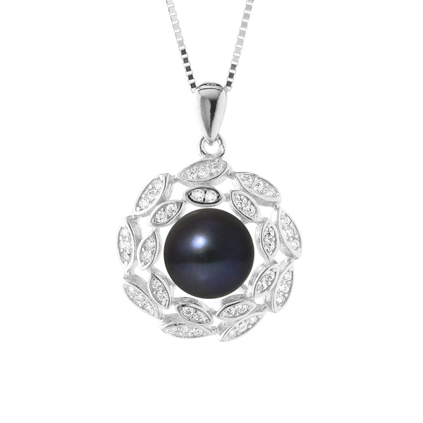 Collier Corolle- Perle de Culture d'Eau Douce  Bouton 8-9 mm Black Tahiti- Argent 925 Millièmes