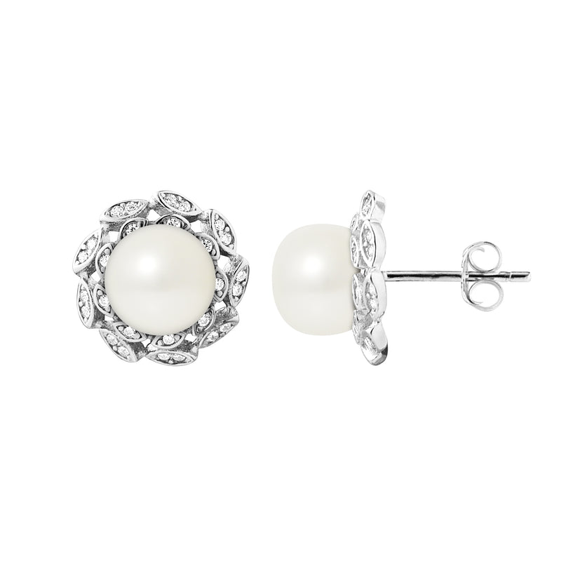 PERLINEA- Boucles d'Oreilles- Corolle Perles de Culture d'Eau Douce Blanc- Bijou Femme- Argent 925 Millièmes