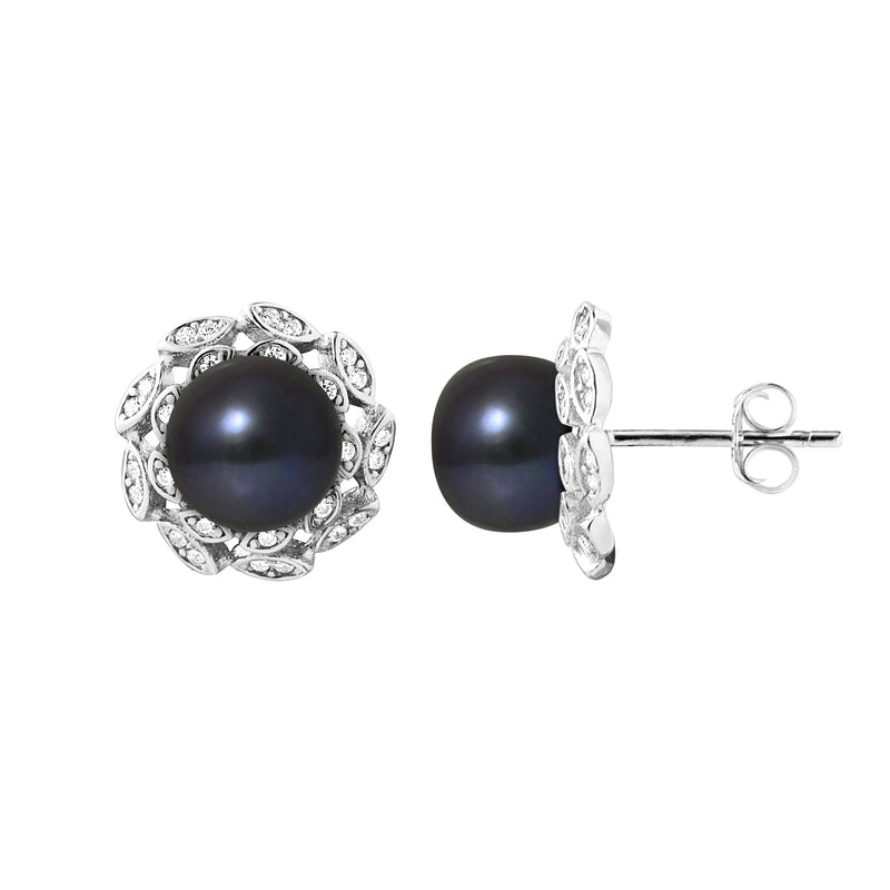 PERLINEA- Boucles d'Oreilles- Corolle Perles de Culture d'Eau Douce  Black Tahiti- Bijou Femme- Argent 925 Millièmes