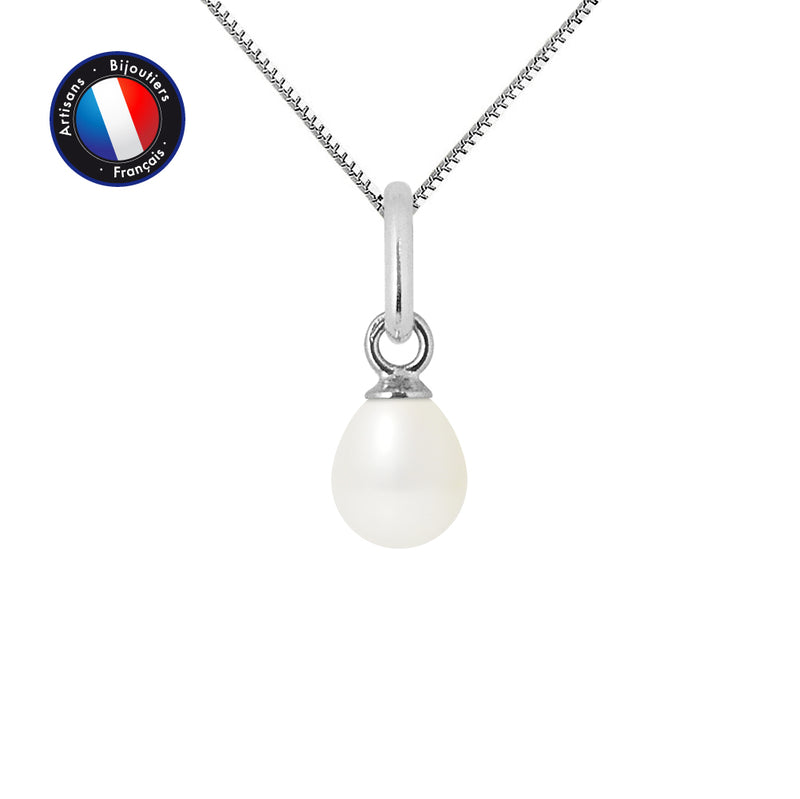 Pendentif- Perle de Culture d'Eau Douce- Bouton Diamètre 5-6 mm Blanc- Bijou Femme- Or Blanc
