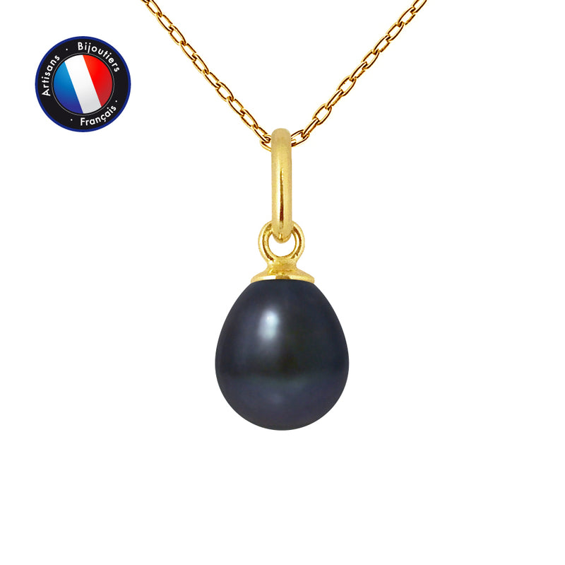 Pendentif- Perle de Culture d'Eau Douce- Bouton Diamètre 7-8 mm Black Tahiti- Or Jaune