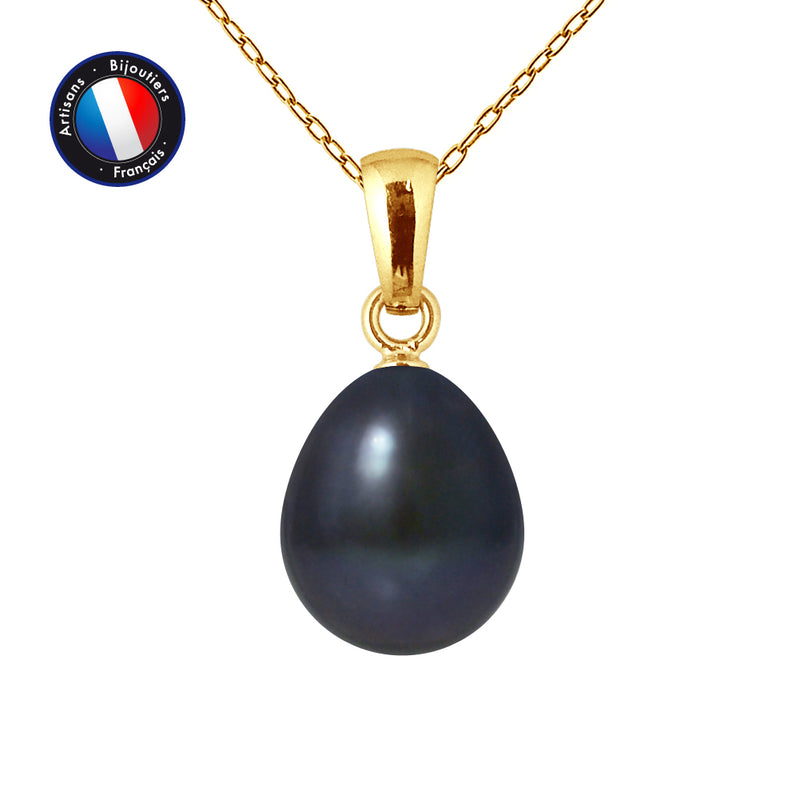 Pendentif- Perle de Culture d'Eau Douce- Bouton Diamètre 9-10 mm Black Tahiti-Or Jaune