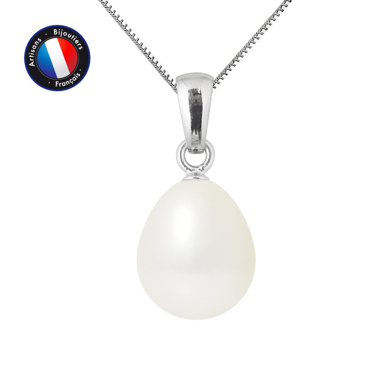 Pendentif- Perle de Culture d'Eau Douce- Bouton Diamètre 9-10 mm Blanc- Or Blanc