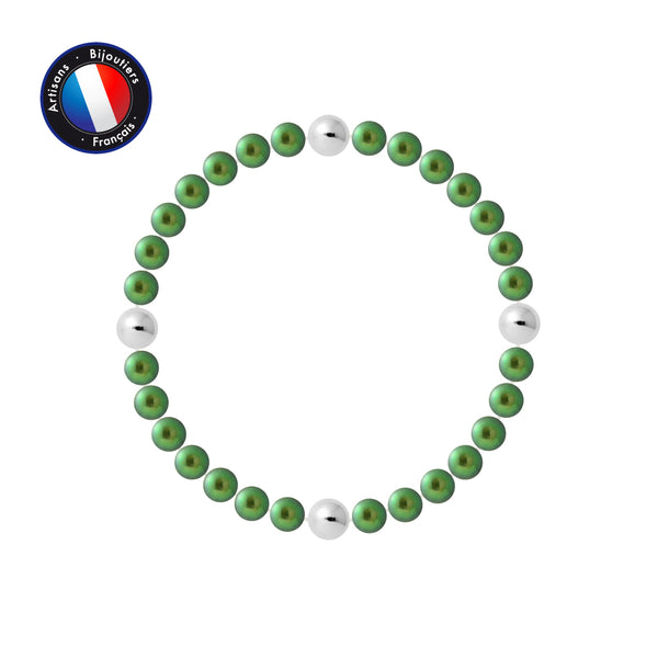 Bracelet Porte Bonheur- Perle d'Eau Douce- Ronde 5-6 mm Vert Intense