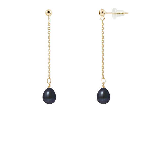 Boucle d'Oreilles- Perles de Culture- Poire 7-8 mm Black Tahiti-Or Jaune