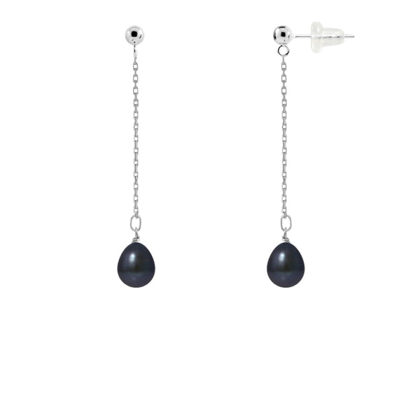 Boucles d'oreilles pendantes en or blanc et perles noires | Lolita
