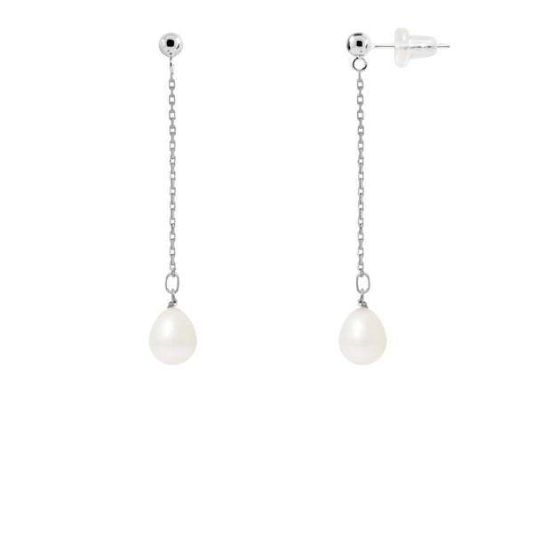Boucles d'oreilles pendantes en or blanc et perles blanches | Lolita