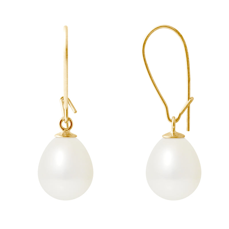 Boucle d'Oreilles- Perles de Culture- Poire Diamètre 9-10  mm Blanc-Or Jaune