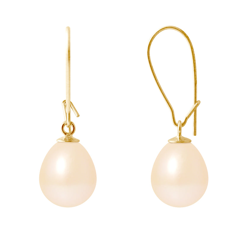 PERLINEA- Boucle d'Oreilles- Perles de Culture d'Eau Douce- Poire Diamètre 9-10  mm Rose- Bijou Femme- OrJaune