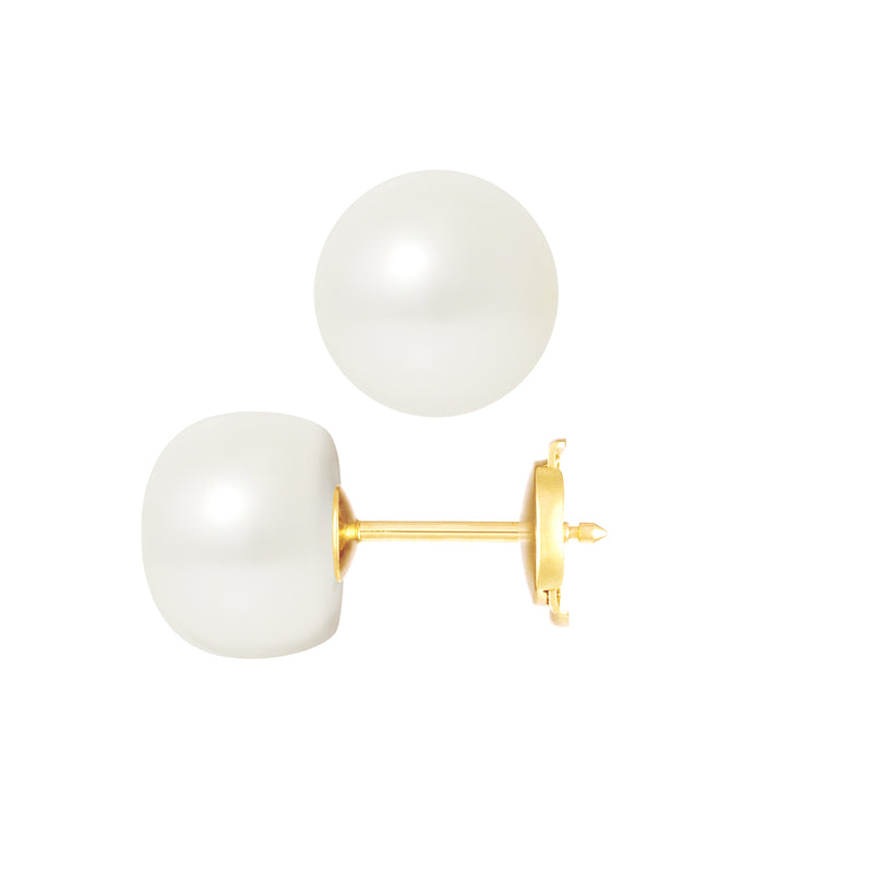 PERLINEA- Boucle d'Oreilles- Perles de Culture d'Eau Douce- Bouton Diamètre 9-10  mm Blanc- Bijou Femme- OrJaune