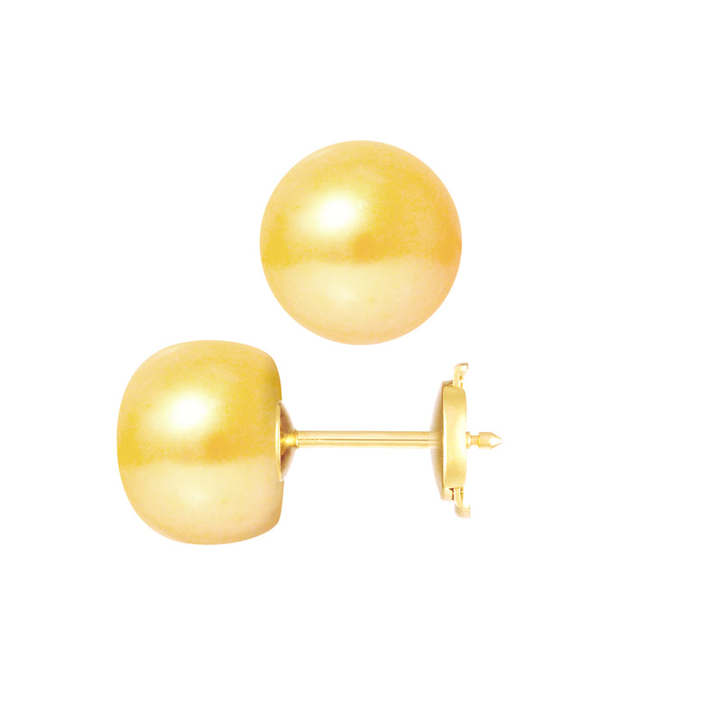 PERLINEA- Boucle d'Oreilles- Perles de Culture d'Eau Douce- Bouton Diamètre 9-10  mm Gold- Bijou Femme- OrJaune