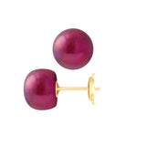 PERLINEA- Boucle d'Oreilles- Perles de Culture d'Eau Douce- Bouton Diamètre 9-10  mm Rouge Cerise- Bijou Femme- OrJaune