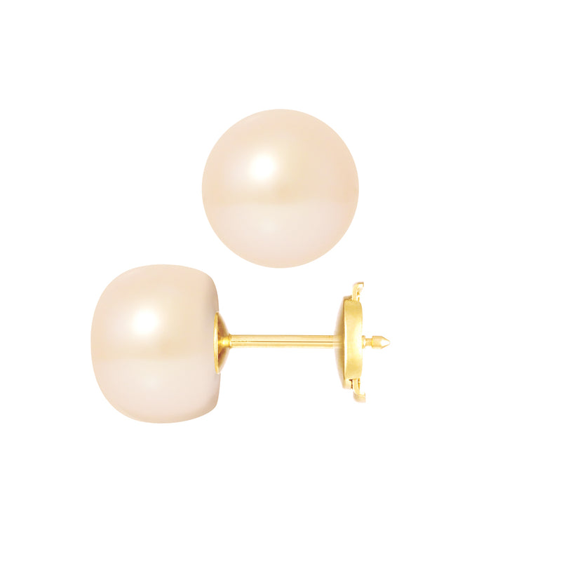 PERLINEA- Boucle d'Oreilles- Perles de Culture d'Eau Douce- Bouton Diamètre 9-10  mm Rose- Bijou Femme- OrJaune