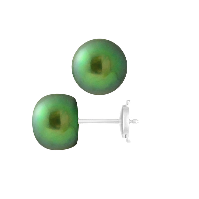 Boucle d'Oreilles Perles de Culture d'Eau Douce Bouton Diamètre 9-10 mm Vert Or Blanc
