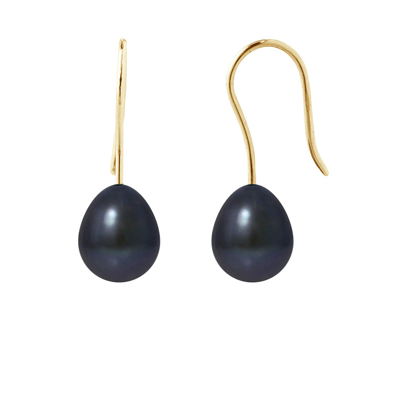 Boucle d'Oreilles- Perles de Culture d'Eau Douce- Poire Diamètre 7-8 mm Black Tahiti- Or Jaune