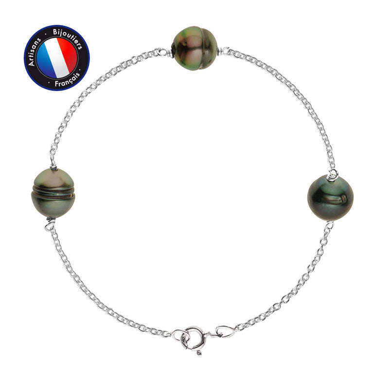 Bracelet- Perle de Culture de Tahiti- Cercl‚ 9-10 mm- Bijou Femme- Argent 925 Millièmes