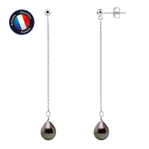 Boucle d'Oreilles Pendante- Perles de Culture de Tahiti- Ovale Diamètre 8-9 mm- Bijou Femme- Argent 925 Millièmes
