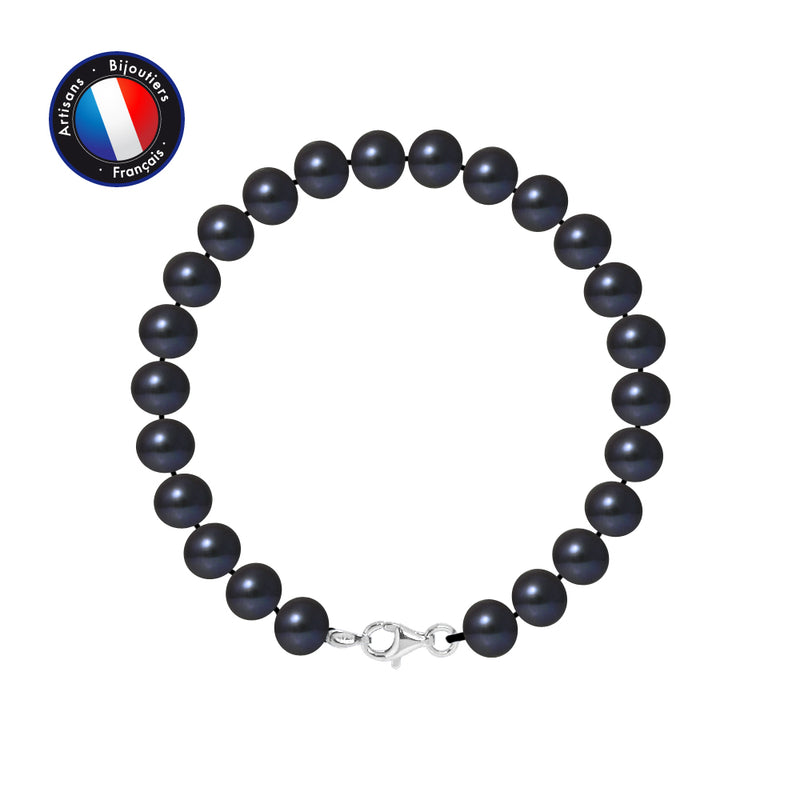 Bracelet- Perles de Culture d'Eau Douce- Semi Ronde 7-8 mm Black Tahiti- Argent