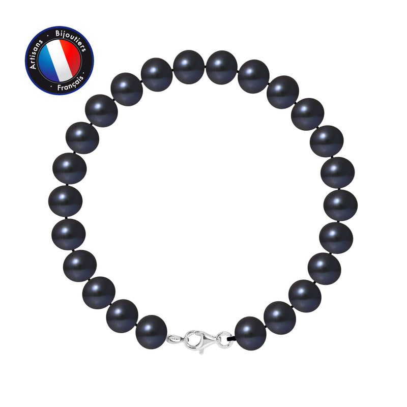 Bracelet- Perles de Culture d'Eau Douce- Semi Ronde 8-9 mm Black Tahiti- Argent
