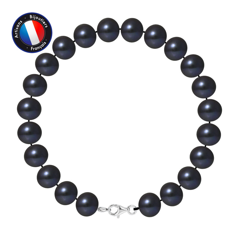 Bracelet- Perles de Culture d'Eau Douce- Semi Ronde 9-10 mm Black Tahiti-Argent
